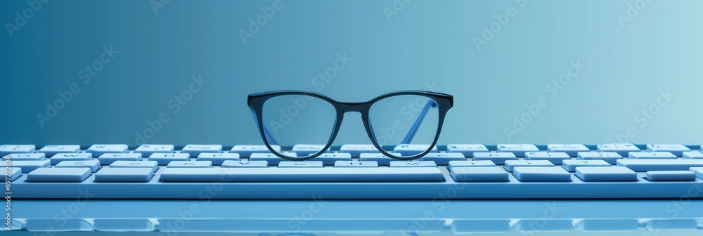 Leinwandbilder black-framed eyeglasses rest on a white computer keyboard, the background is a clean blue. generativ