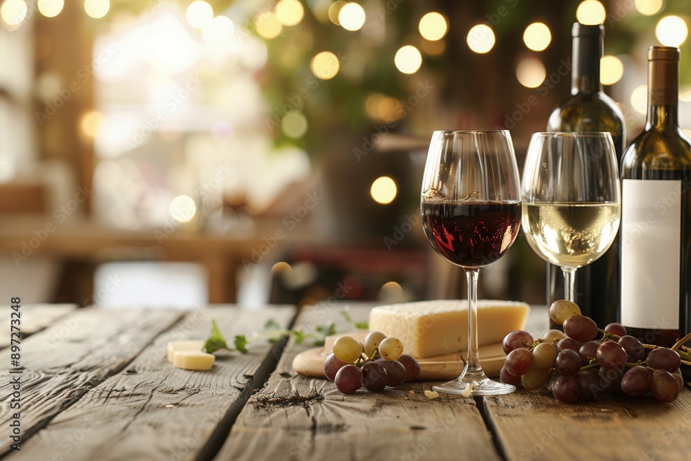 Aufkleber A rustic wooden table set with wine bottles, glasses of red and white wine, a block of cheese, grapes, and string lights in the background. Generative AI