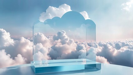 A round mirror on a table placed in clouds, sky background behind it, matte painting in precisionism style