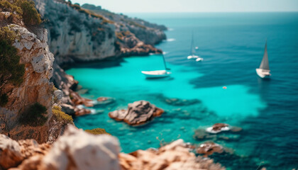 A scenic view of rugged coastal cliffs with crystal-clear turquoise waters below and a few small sails 
