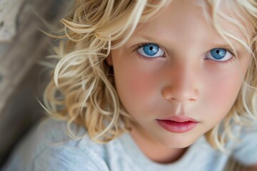 Fototapeta premium Portrait of a young child with striking blue eyes and blonde curly hair