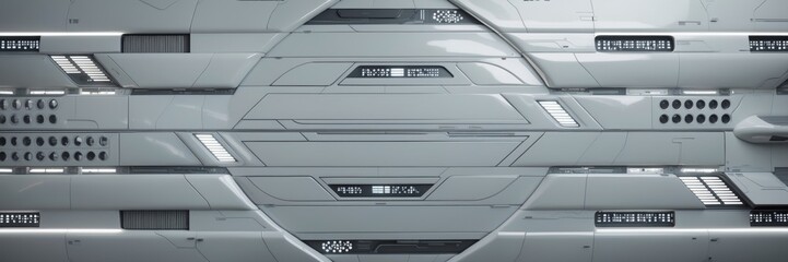A close-up view of futuristic white panels with geometric shapes and lights