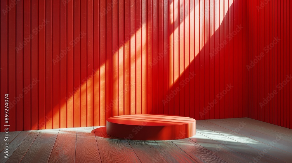 Poster a red background light for the stage platform of the studio. a product display spotlight is located 