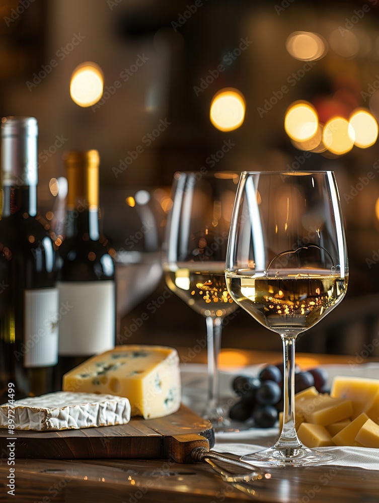 Poster Two glasses of white wine and a selection of cheeses are arranged on a wooden table with bottles of wine in the background. Generative AI