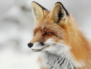 Obraz premium Closeup of a red fox in a snowy landscape, isolated white background, detailed fur, winter scene, nature wildlife photography, stock photo, serene and quiet atmosphere
