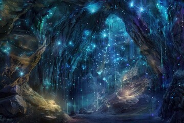 Magical cave glowing with blue lights, sparkles, and dripping water, creating a mysterious and enchanting atmosphere