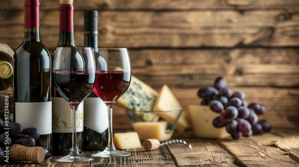 Aufkleber three wine bottles, two glasses of red wine, and cheese on a rustic wooden table in a cozy setting. 