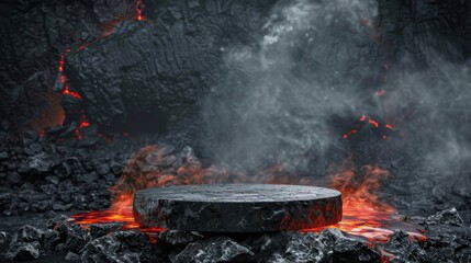 Stone floor with lava podium mountain fire smoke stage hot geometric isolated ground geometric isolated blast abstract texture meteor. Fire lava podium rock volcano background product magma display