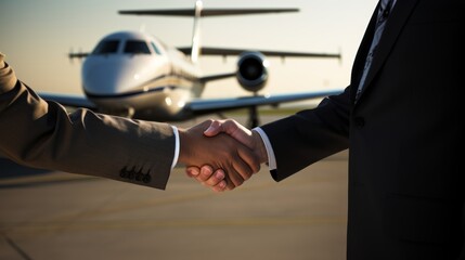 Executives seal aviation partnership by private jet, symbolizing successful business deal