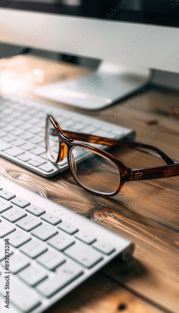 Fototapete A pair of brown eyeglasses rests on top of a white computer keyboard. A blurry computer monitor is visible in the background. Generative AI