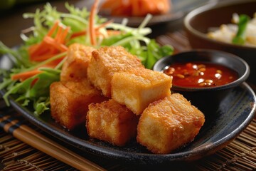 Fried Tofu with Salad, Chili Sauce and Chopsticks on a Black Plate