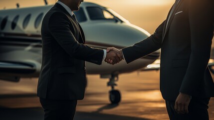 Business executives seal successful aviation partnership by shaking hands in front of a private jet