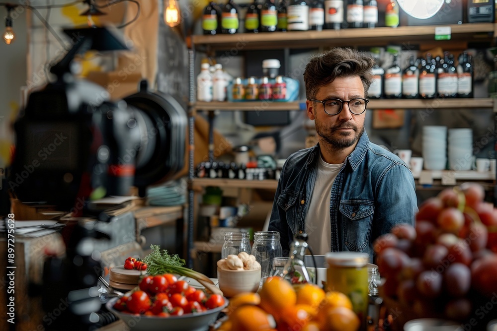 Poster creative brand manager directing product photoshoot in vibrant studio setting with dynamic compositi