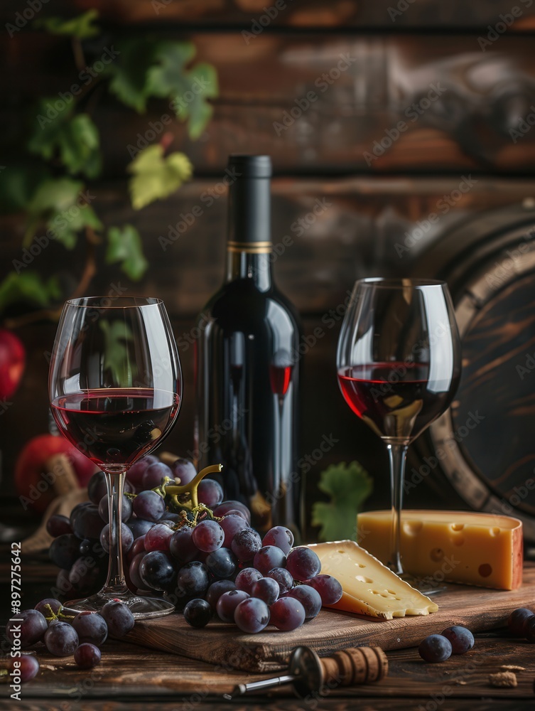 Poster two wine glasses filled with red wine and a bottle of wine sit on a wooden table alongside cheese an