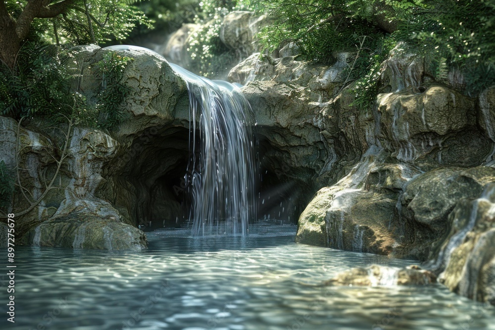 Poster sunlight filtering through the trees illuminating a beautiful waterfall cascading into a pool of wat