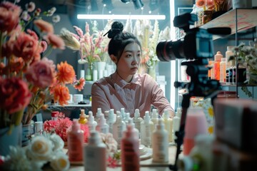 Creative Brand Manager Setting Up Products in Vibrant Studio for Realistic Photography Shoot with Focus on Person