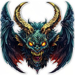  detailed demon head illustration with sharp features and glowing eyes