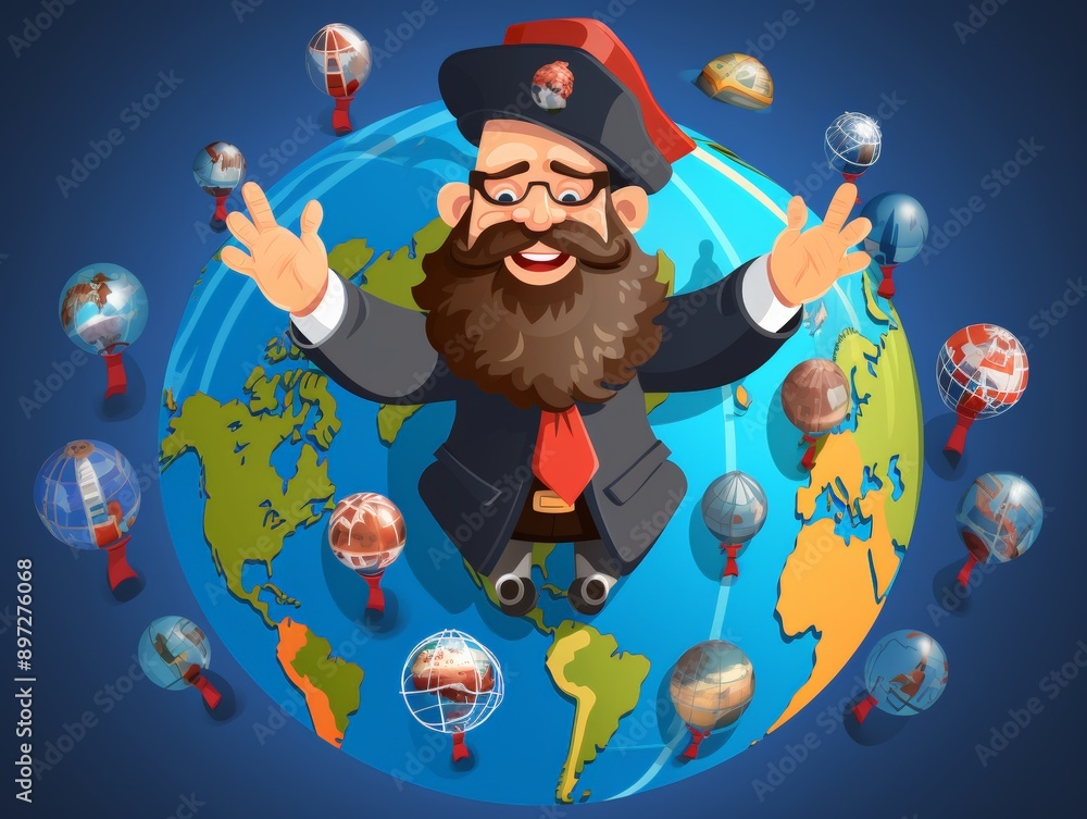 Poster a man with a beard is standing on top of the world. he is surrounded by many globes and is holding h