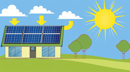 An illustration of a solar energy system featuring solar panels on a building, integrating renewable energy technology into the environment. This image highlights sustainable energy solutions.