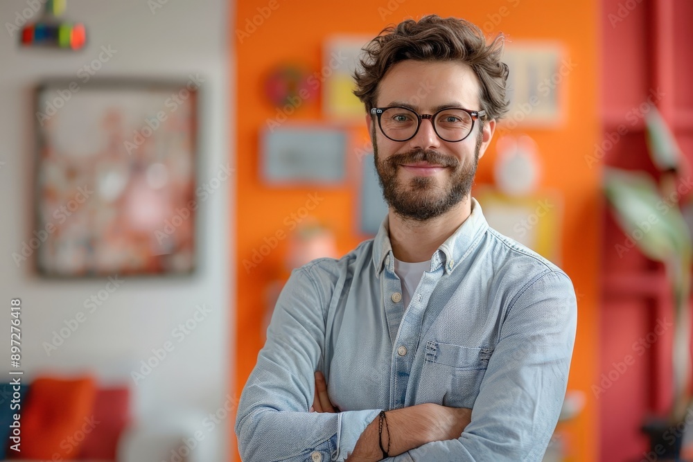 Poster dynamic brand manager analyzing customer feedback reports in vibrant office setting