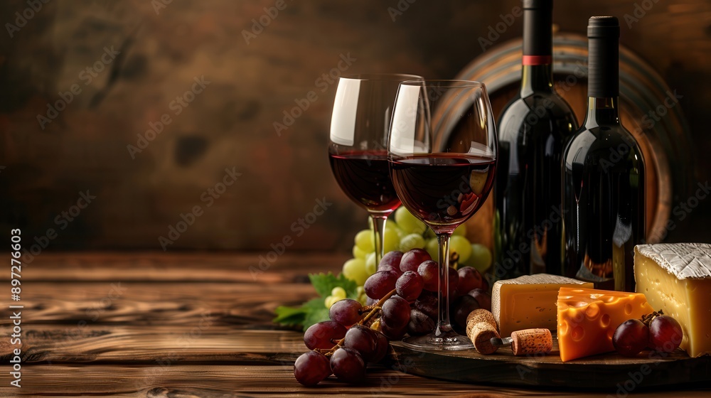 Poster Two glasses of red wine and a selection of cheeses are arranged on a wooden table, with wine bottles and grapes in the background. Generative AI