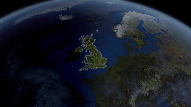 Map showing UK, Britain, Europe, from space to see the region from above from space. Detailed map Showing area, HD and 4K. Animation.