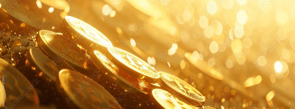 Poster digital background gold concept virtual payment with bitcoin crypto coin money. cryptocurrency coin 