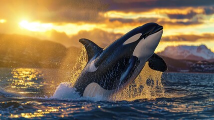 Orca Breaching Ocean Surface with Distant Mountains at Sunset - Generative AI