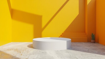 An abstract circle platform in a yellow cylinder room studio with yellow background. 3D round podium platform studio stage. Pedestal presentation product abstract circle platform sale cosmetic