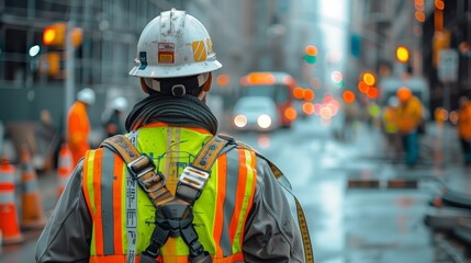 A construction worker in safety gear is using an iron tape to measure the height of concrete columns on site