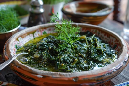 A dish of horta vrasta, boiled greens dressed with olive oil and lemon juice, garnished with fresh dill