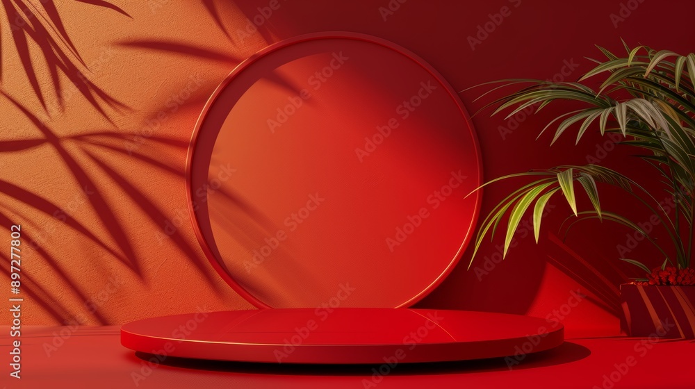 Poster studio stage platform with red background and spotlight. abstract scene on the wall background pink 