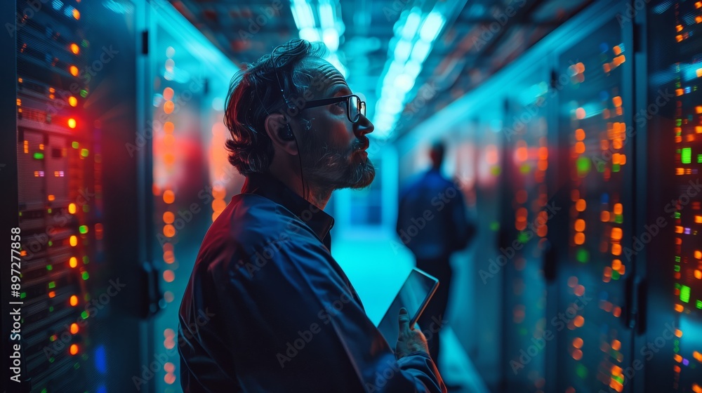 Poster a male it worker with glasses is standing in the middle of an office space surrounded by computer sc