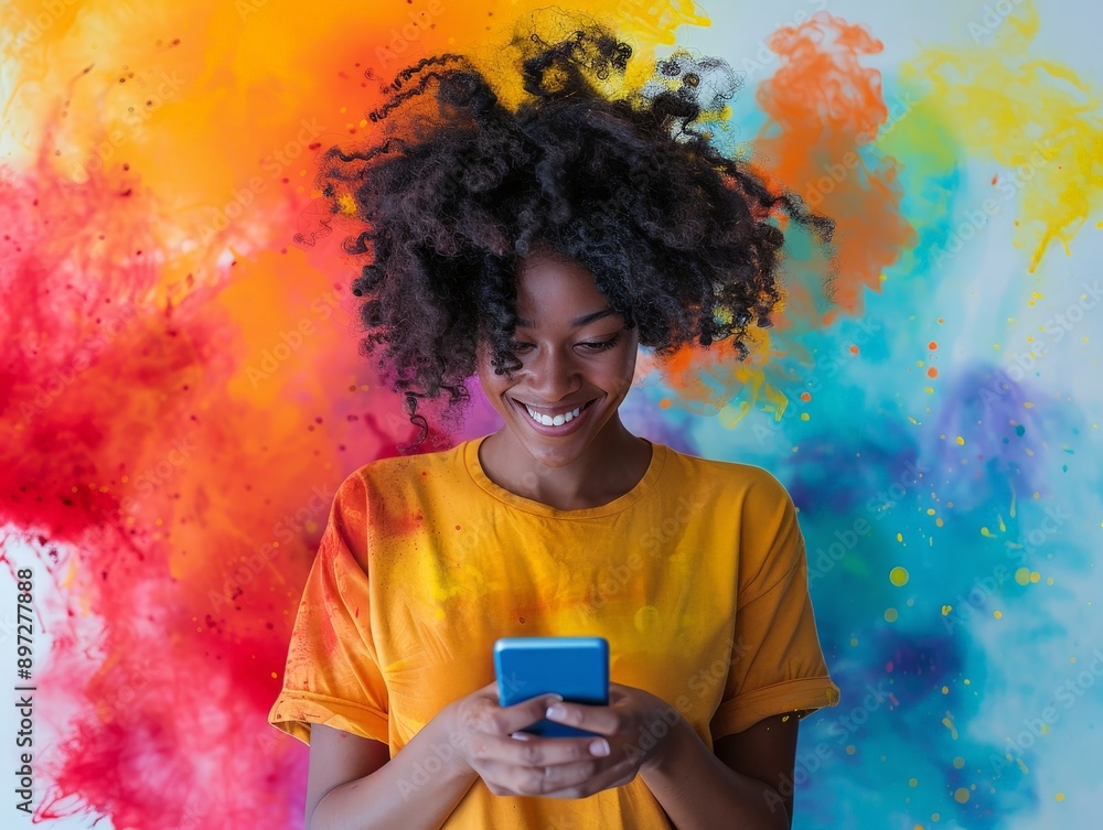 Poster engaged brand manager handling social media messages with vibrant colors in dynamic composition