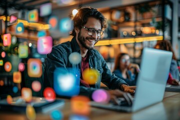 Modern Brand Manager Engaging on Social Media in Vibrant Office Setting with Realistic Depth of Field
