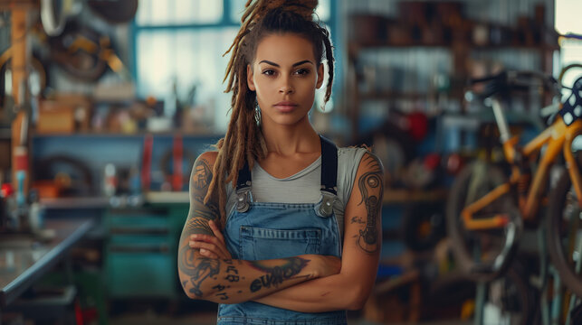 A photo of an attractive woman with dreadlocks standing in her bike shop holding tools - Powered by Adobe