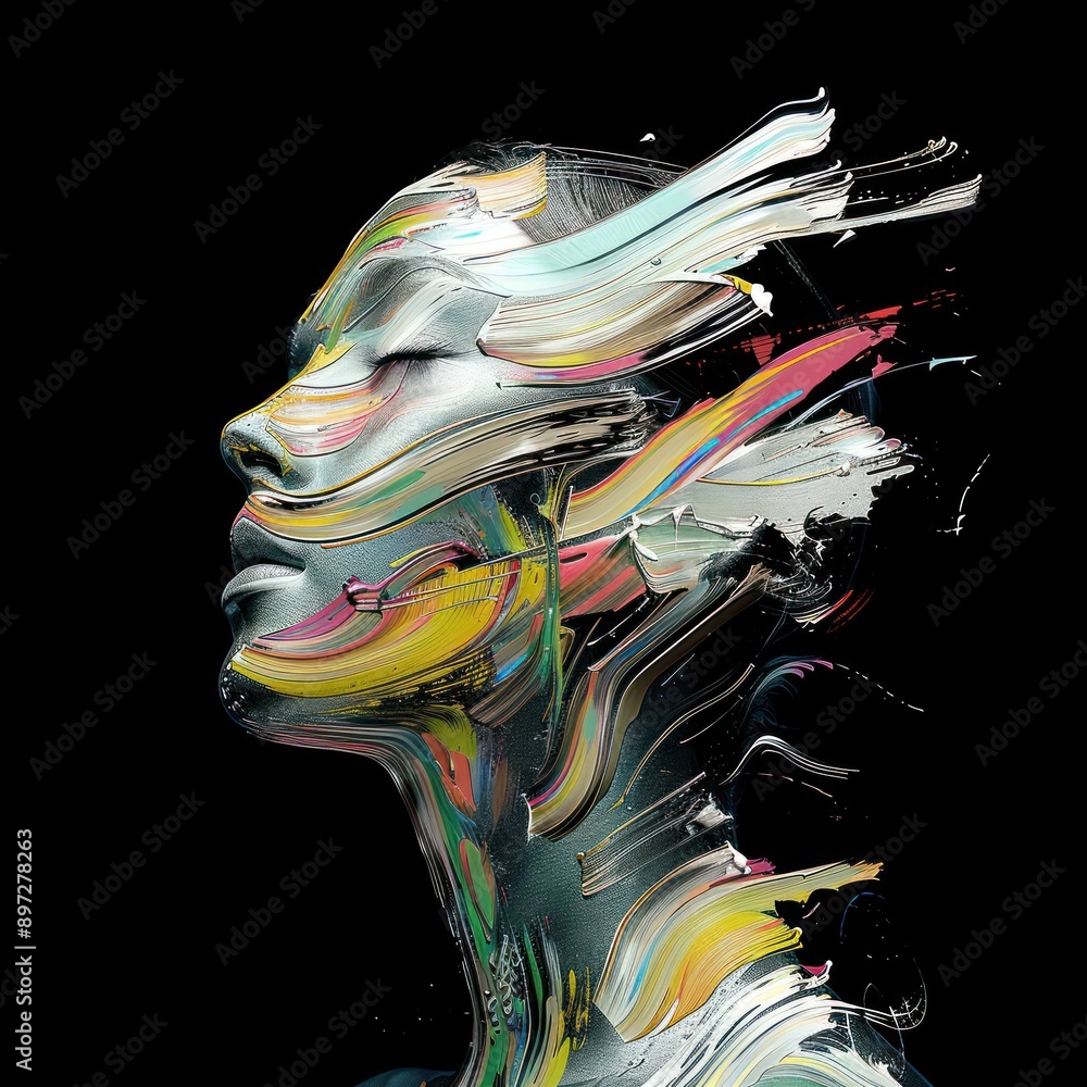 Poster energetic abstract portrait with fluid multicolored lines.