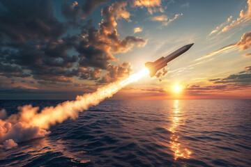 A cruise missile taking off over the sea or ocean. Launching a cruise rocket against the background of the sunset sky. Concept of global security and geopolitics, military technology