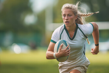 Young woman rugby player with white hair and pigtails in sports uniform running on sports ground with ball. Concept of healthy lifestyle, sport, struggle and competition