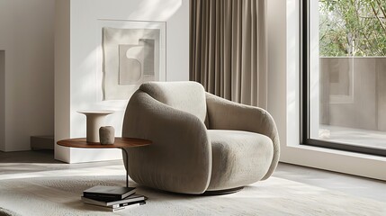 Minimalist armchair with clean lines and fabric upholstery in a modern living room 