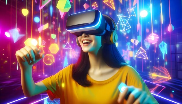 woman hacing fun in the metaverse rainbow pagasus imagination game world vr  glass metaverse gaming, metaverse world,vr 360. metaverse social
