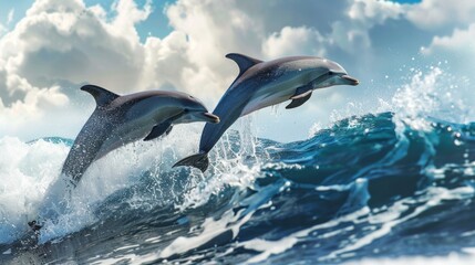Obraz premium Dancing Dolphins: A Delightful Marine Life Spectacle in the Pacific Waters. AI generated image