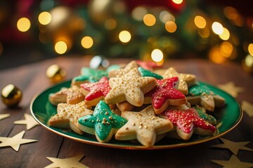 Star-shaped Christmas gingerbread cookies look yummy with icing and sprinkles on top.