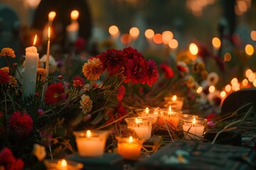 Burning candles and flowers commemorating all souls' day in a cemetery at dusk