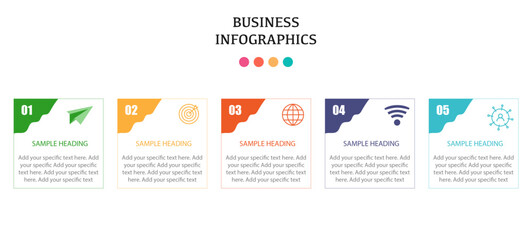 Five step square shape infographics design with corner label, business infographics design in square shape and label