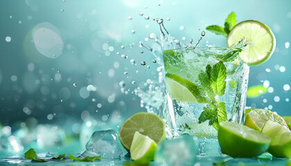 Mojito with splash and drops. Cocktail or mocktail with lime, mint, and ice in glass on blue background. Summer cold alcoholic non-alcoholic drink, beverage and cocktail. Copy space