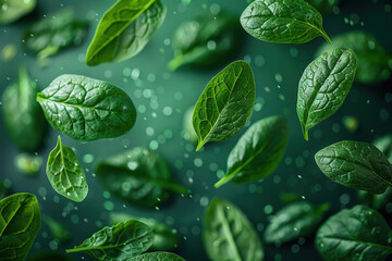 Flying Spinach Leaves on Fresh Green Background