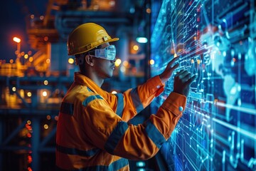 Engineer on an offshore oil platform analyzing holographic data displays Futuristic Neon Digital Art highlighting advanced technology in oil exploration, no text, no trademark, no logo