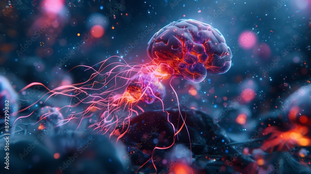 Poster realistic shot of an animated illustration showing the neural connections in the human brain with vi