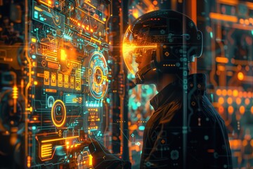 Engineer in a control room of an oil platform surrounded by 3D holographic schematics Steampunk Warm colors 3D Rendering blending past and future technologies, no text, no trademark, no logo